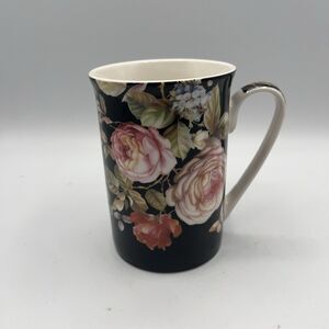 Kent Pottery Mug For Coffee Tea Black Pink Roses - No Lid